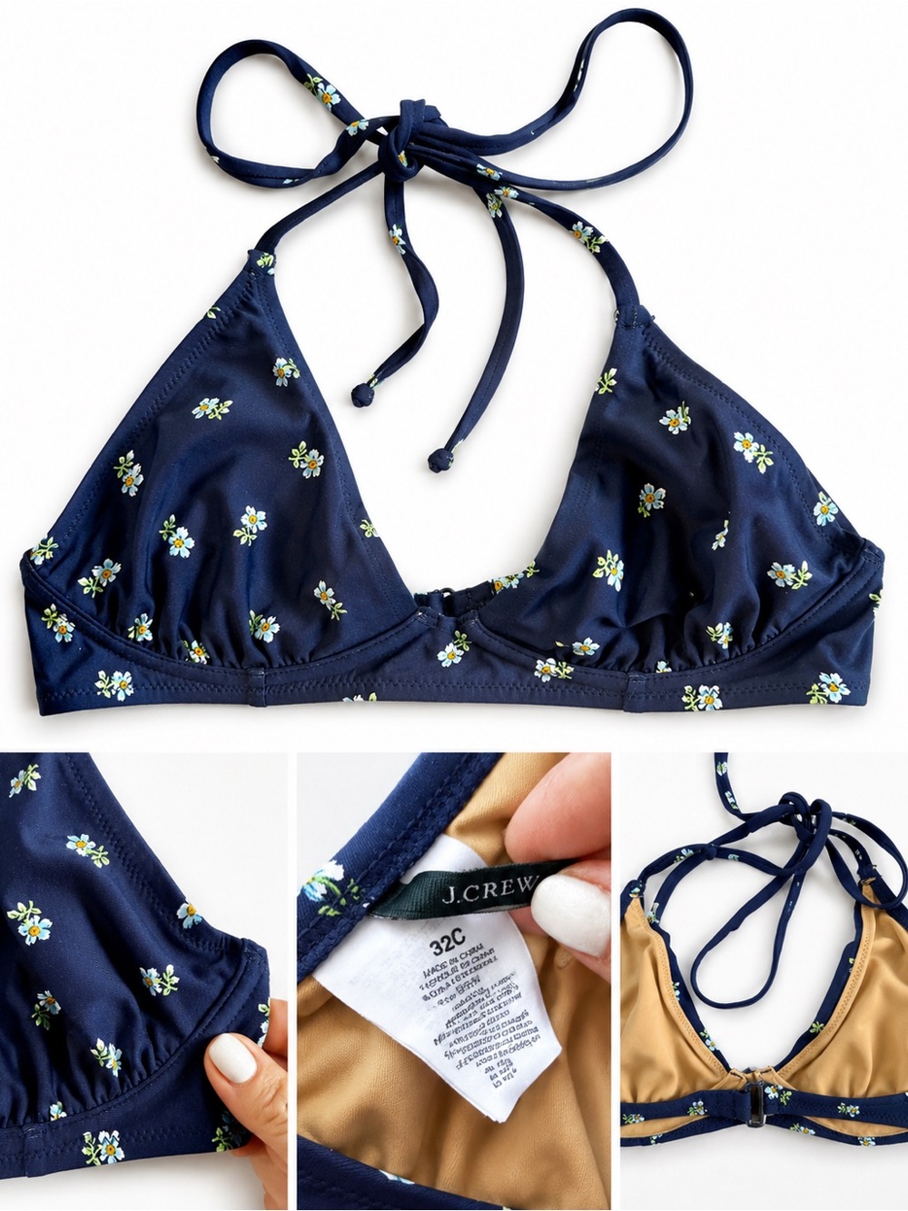 J.Crew Navy Blue Floral Halter Bikini Top 32C Triangle Swim Top
